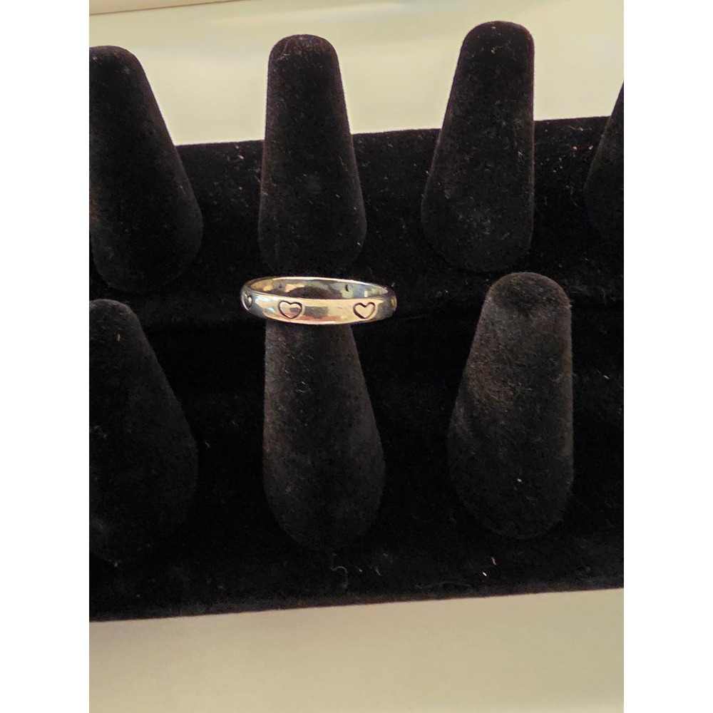 Silver Tone Band Ring with Engraved Hearts Size 11 Minimalist Stackable Jewelry